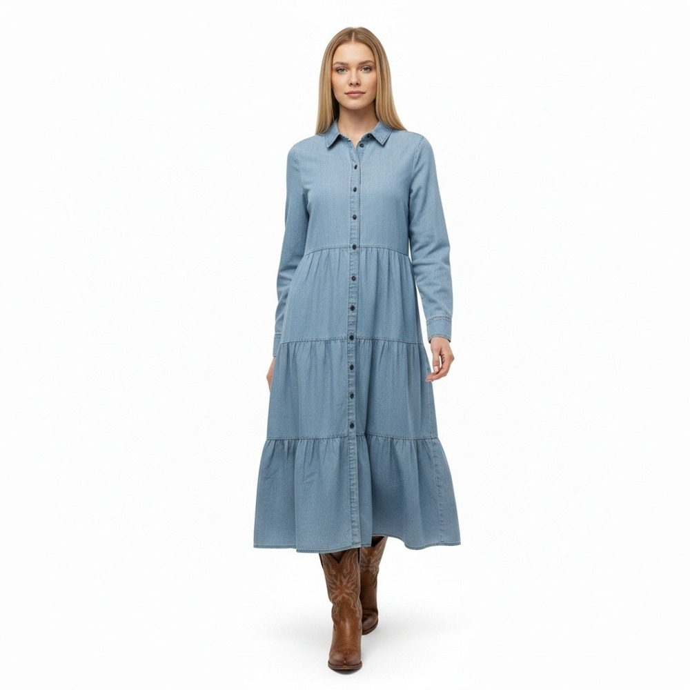Boho Western Fest Chambray Light Wash Lyocell Tiered Midi Shirt Dress L Blue